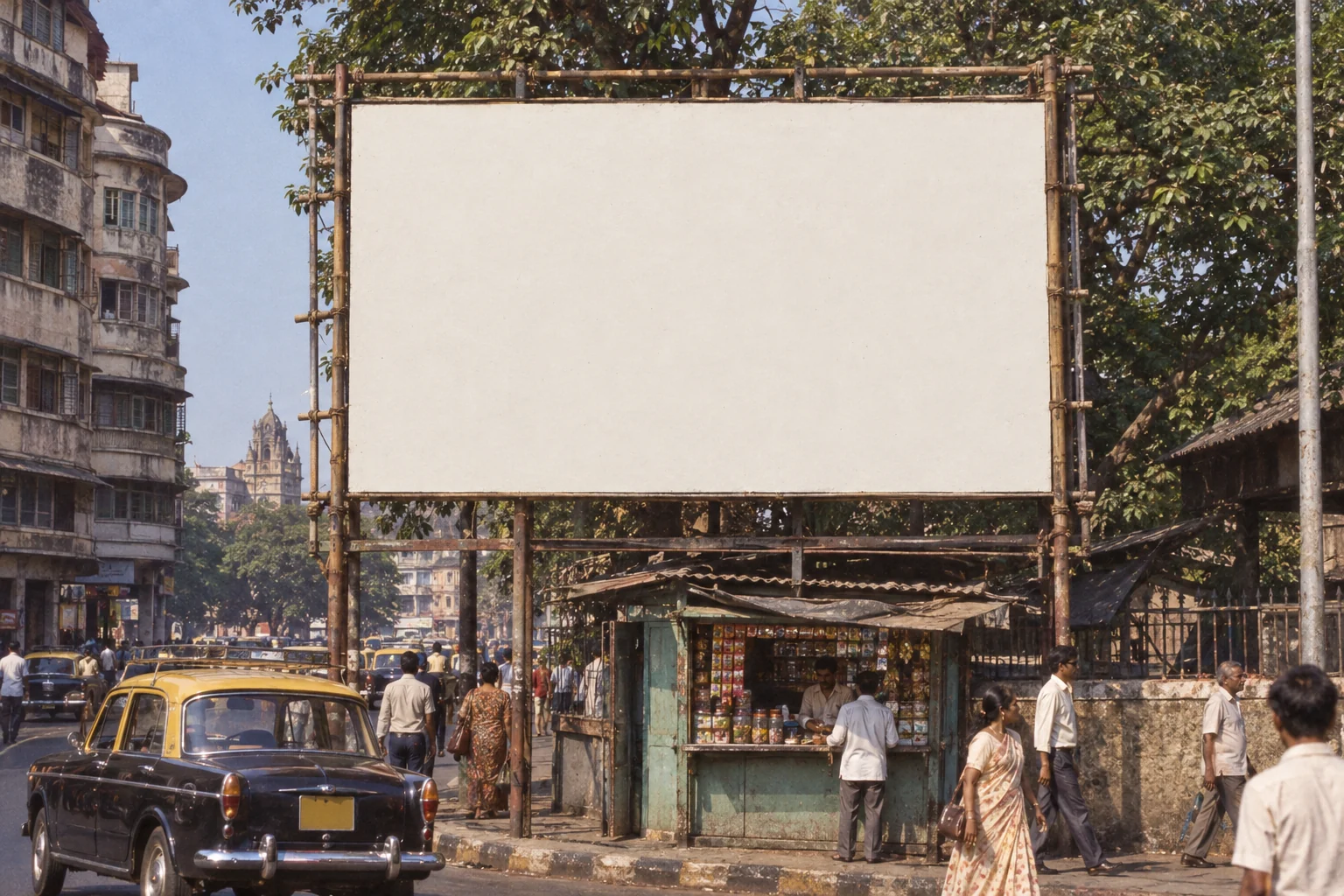 A Bombay street corner with a hand-painted hoarding: Pataakhe baad mein, post pehle.